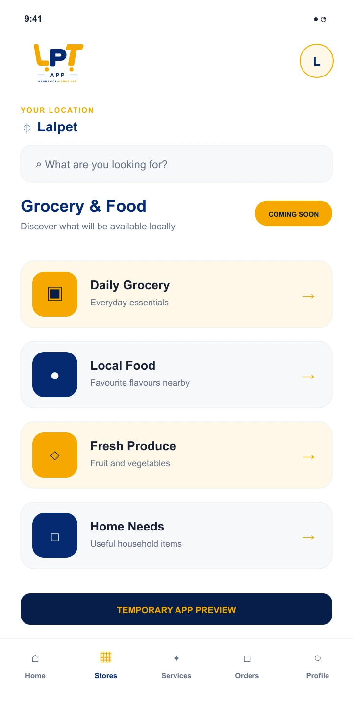 LPT App grocery preview — temporary concept, coming soon